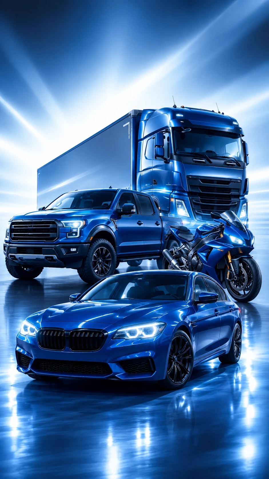 Carro, pickup, motocicleta y camión